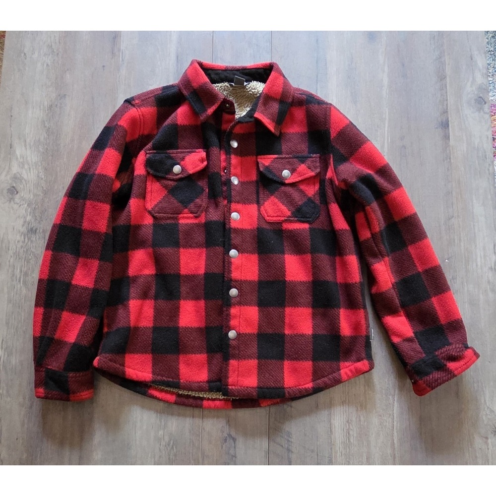 Eddie Bauer Boys 10 / 12 Sherpa Lined Button Front Red Plaid Jacket W 2 Pockets